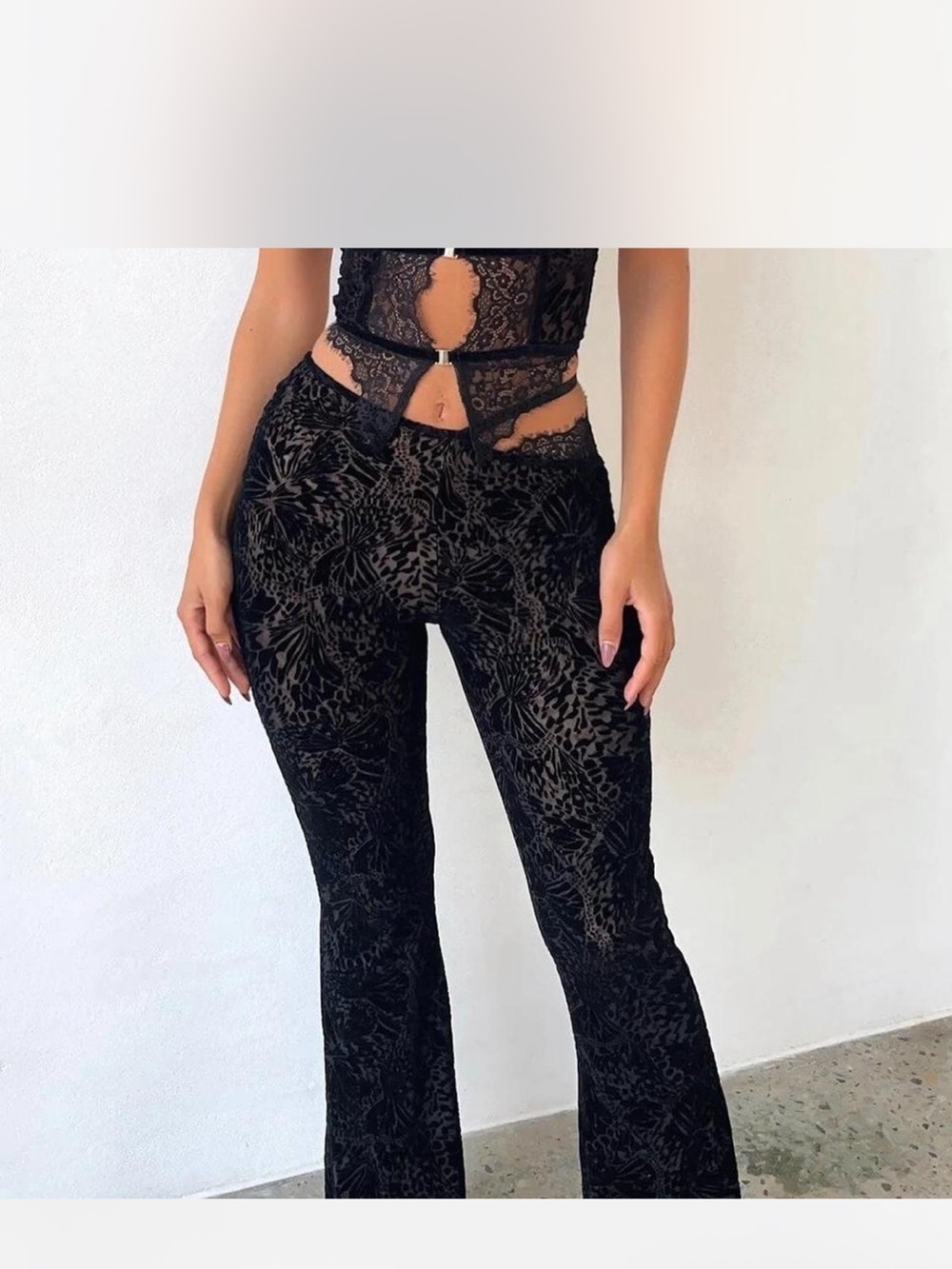 Black Velvet Burnout Flare Pants - Women's Boot Cut